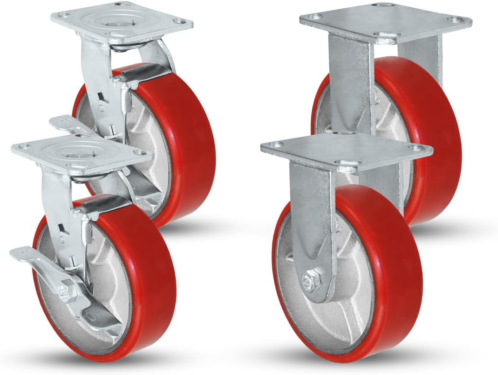 5' X 2' Swivel Caster Heavy Duty Red Polyurethane Wheel on Steel Hub with Brakes (2) and Fixed (2) 4,000lbs Per Set of 4 Tool Box Casters - CasterHQ Brand (5')
