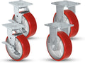 5' X 2' Swivel Caster Heavy Duty Red Polyurethane Wheel on Steel Hub with Brakes (2) and Fixed (2) 4,000lbs Per Set of 4 Tool Box Casters - CasterHQ Brand (5')
