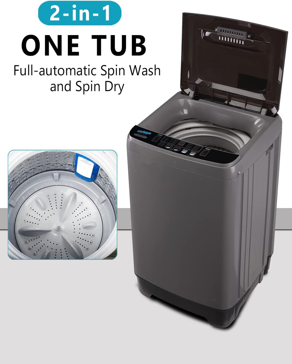 KRIB BLING Full-Automatic Washing Machine with Drain Pump, 17.7 lbs Compact Washer, 10 Wash Program & 8 Water Level, Ideal for Apartment, Dorm, RV, GREY (KB02-GREY6)