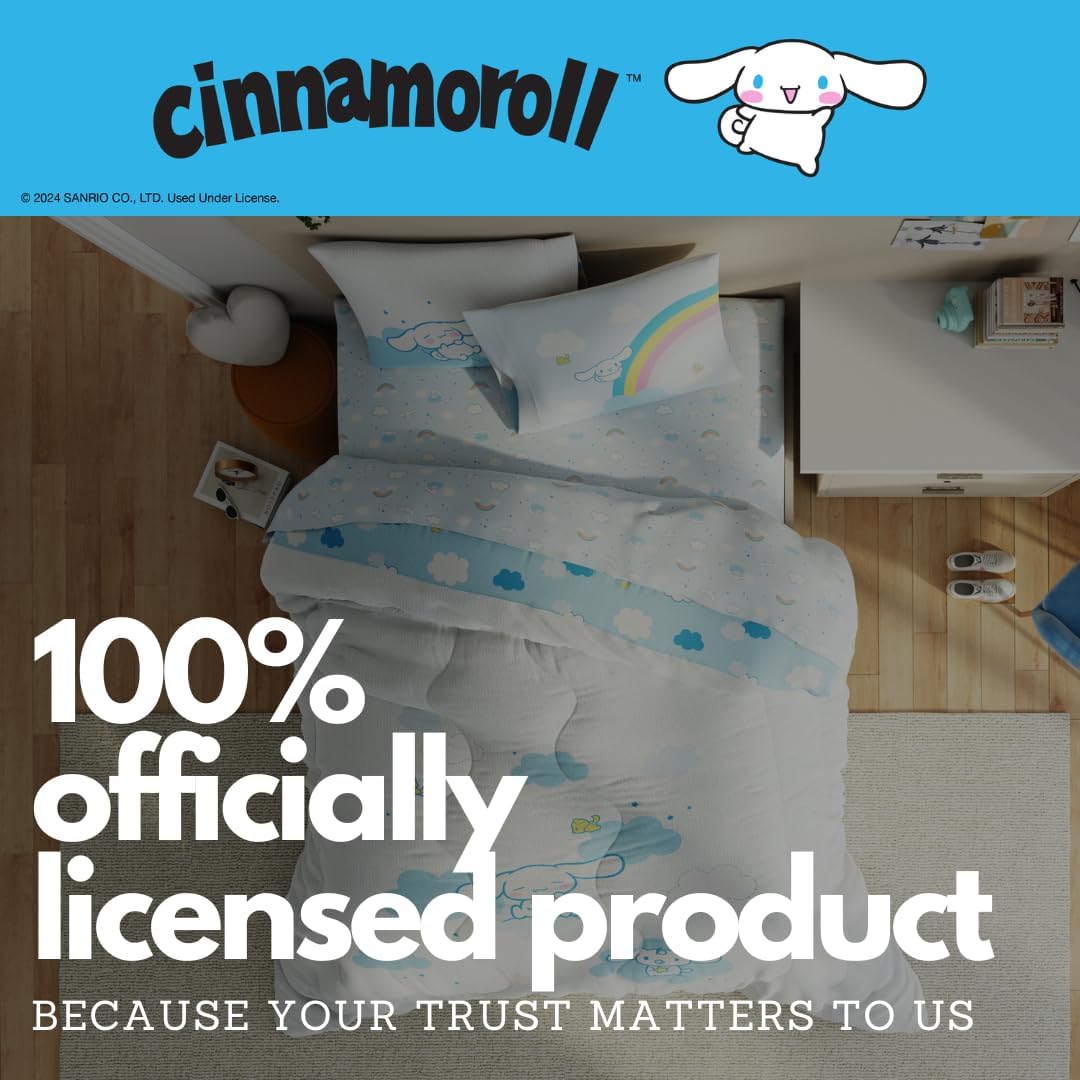 Cinnamoroll Bedding - 5 Piece Queen Size Bed Set - Super Soft Microfiber Comforter and Sheet Set, (Officially Licensed Product) by Franco Collectibles