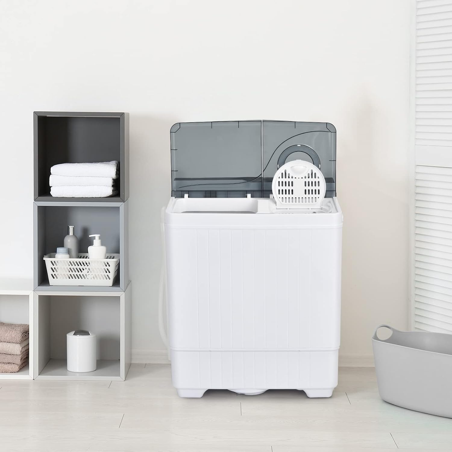 COSTWAY Portable Washing Machine, Twin Tub 26 Lbs Capacity, 18 Lbs Washer and 8 Lbs Spinner, Compact Washer with Control Knobs, Timer Function, Drain Pump, Laundry washer for Apartment RV, Grey