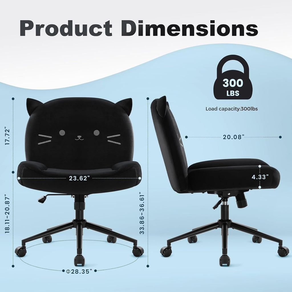 IWMH Armless Office Desk Chair with Wheels,Ergonomic Criss Cross Legged Computer Chair with Fabric Padded, Height Adjustable Wide Seat Vanity Chairs,Mid Back Task Chair for Home, Bedroom (Black Cat)