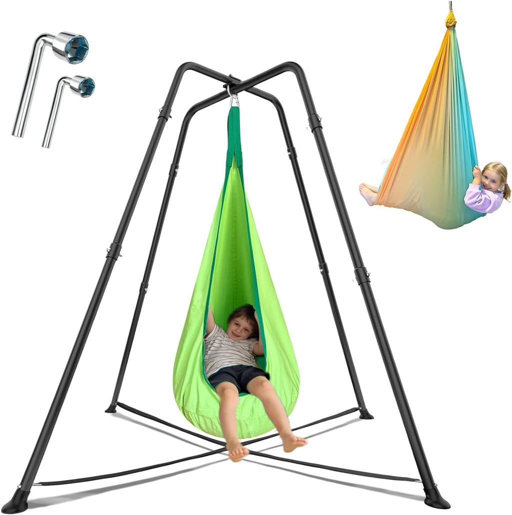 Swing Stand Frame with Sensory Pod Swings and Chair,X-Shaped Swing Set，Heavy-Duty Metal Hammock Chair Stand，Kids & Adults, Indoor Outdoor 330LBS(Green)
