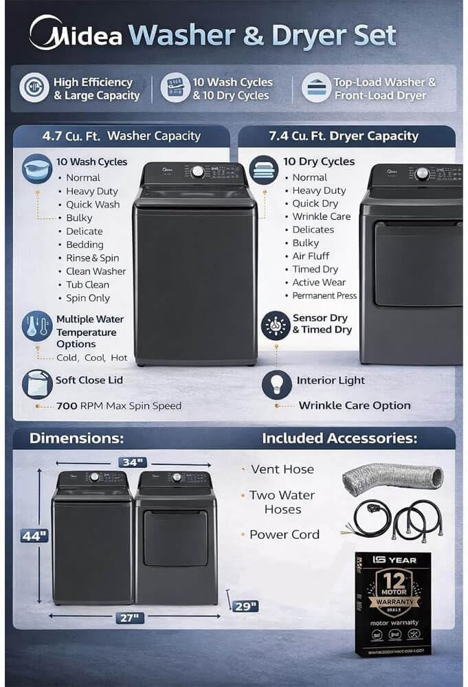 Midea MLTW44A4BGK1 Black Smart Laundry Pair 4.4 Cu Ft Top Load Washer and 7 Cu Ft Electric Dryer Bundle 10 Cycles 4 Te