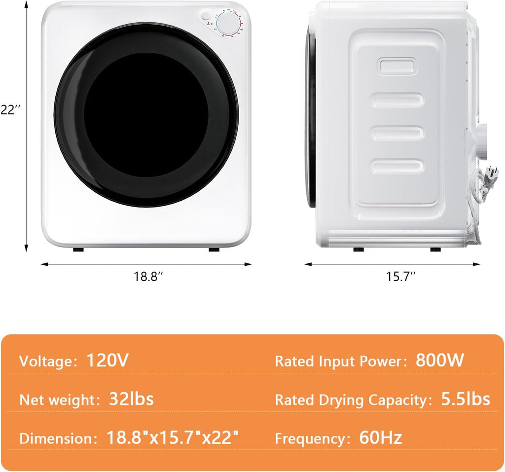 DOGHLY 120V Portable Electric Clothes Dryer, 800W Compact Laundry Dryer, Easy Control, 1.6 Cu.Ft Front Load Stainless Steel Electric Dryers Machine with Simple Control Knob for Apartment, RV, Dorm