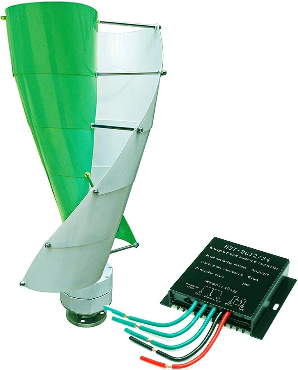 Vertical Spiral Wind Power Turbine Generator,3000W 12V/24V/48V 2 Blade Wind Turbine Power for Outdoor Garden(with Controller,Green)
