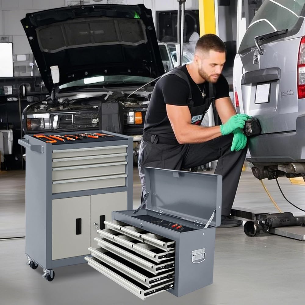 13-Drawer Rolling Tool Chest with Double Doors, 2 in 1 Detachable Rolling Tool Chest with Drawers, Mobile Tool Cabinet Combo, Metal Large Lockable Tool Box for Garage Workshop (Gray)