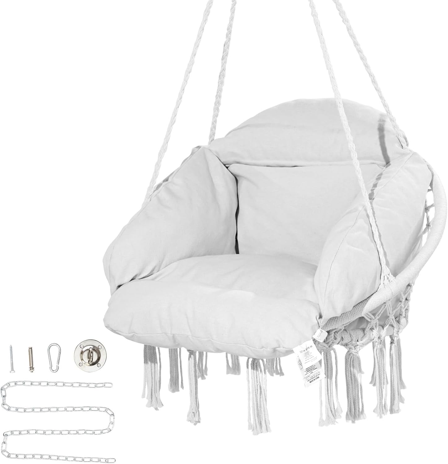 Happybuy Hanging Hammock Swing Chair, Cotton Rope with Cushion and Mounting Hardware, Macramé for Bedroom, Balcony, Patio, Garden, 264 lbs Capacity, White