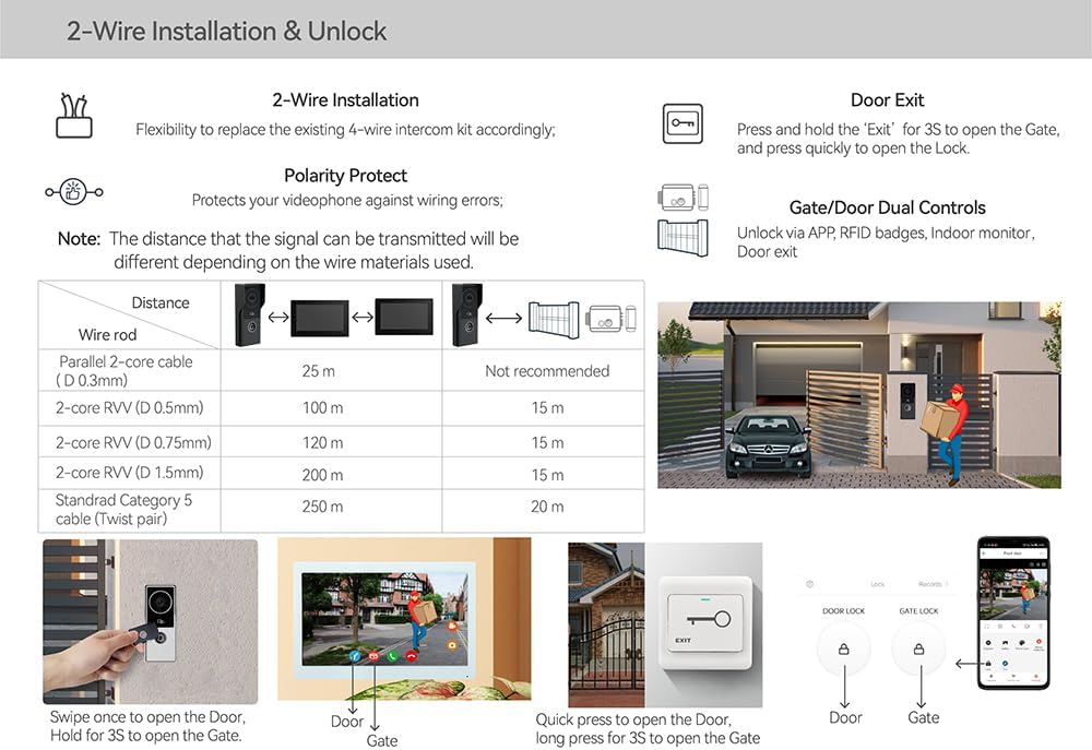 2pin-Wired 2MP HD Indoor 7' WiFi Monitor Smart Home Video Doorbell Intercom System, Remote APP Phone Unlock Video Record Motion Detect 2-Way Talk IR Camera Door Bell 1x doorbell + 1x 7in Monitor
