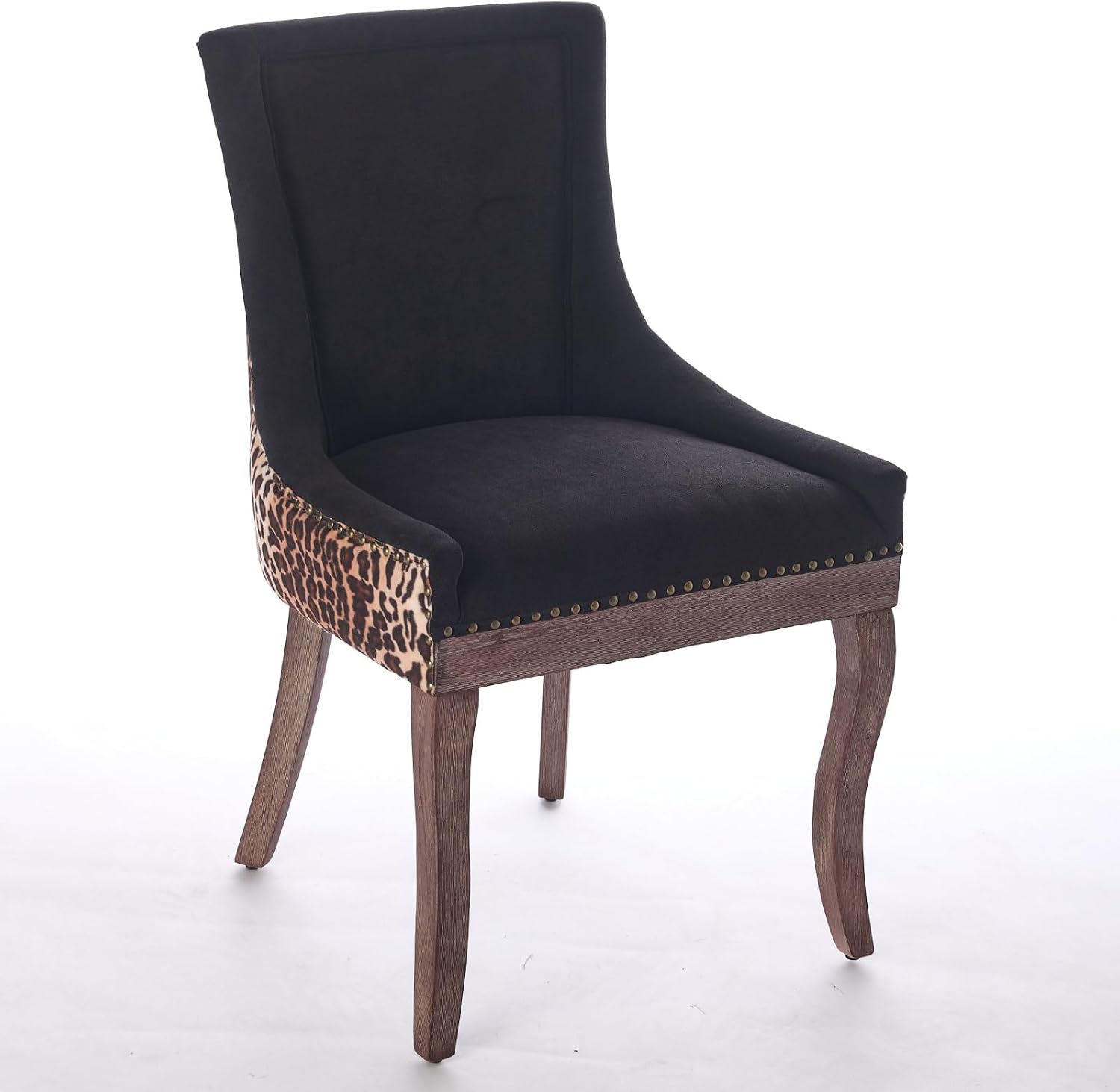 Ball & Cast Mid-century Upholstered Dining Chairs Set of 2, Thickened Fabric Wing Back Kitchen Side-Chairs with Bronze Nail Head & Toned Solid Wood Legs, Two Tone Traditional Chair,Black+Leopard Print