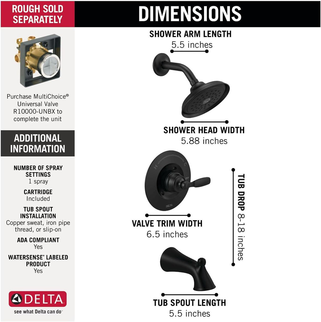 Delta Faucet Woodhurst 14 Series Single-Handle Tub and Shower Trim Kit, Shower Faucet with Single-Spray Touch-Clean Shower Head, Venetian Bronze T14432-RB (Valve Not Included)