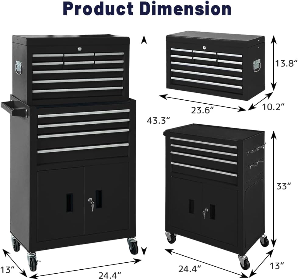 13-Drawer Rolling Tool Chest with Double Doors, 2 in 1 Detachable Rolling Tool Chest Combo, Mobile Tool Cabinet with Drawers, Metal Large Lockable Tool Box for Garage Workshop (Black)