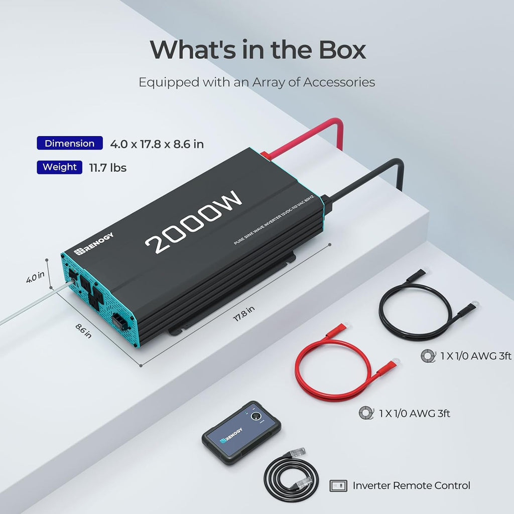 Renogy Inverter P2 2000 watt Pure Sine Wave Inverter, Solar Car Power Inverter 12V to 120V AC Converter for RV, Truck, Camping, Home Backup, Outdoor, Emergency, Off-Grid Living, 16.4FT Remote Control