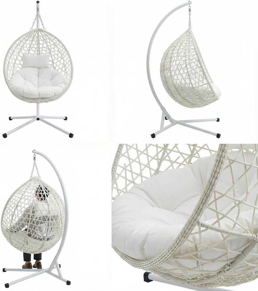 RUN.SE Hanging Egg Chair with Stand, Outdoor Indoor Egg Swing Chair with Cushion Headrest for Patio, Porch, Balcony, Bedroom, 350LBS Capacity (White)