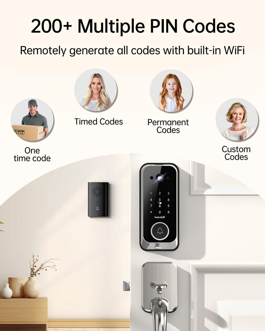 Smart Front Door Lock Sets: 2K HD Camera Lock with Doorbell Kits, Hornbill Fingerprint Keyless Entry Door Lock with Handles, WiFi Deadbolt(only 2.4G) for Remote Control, APP/Alexa/PIR,Satin Nickel