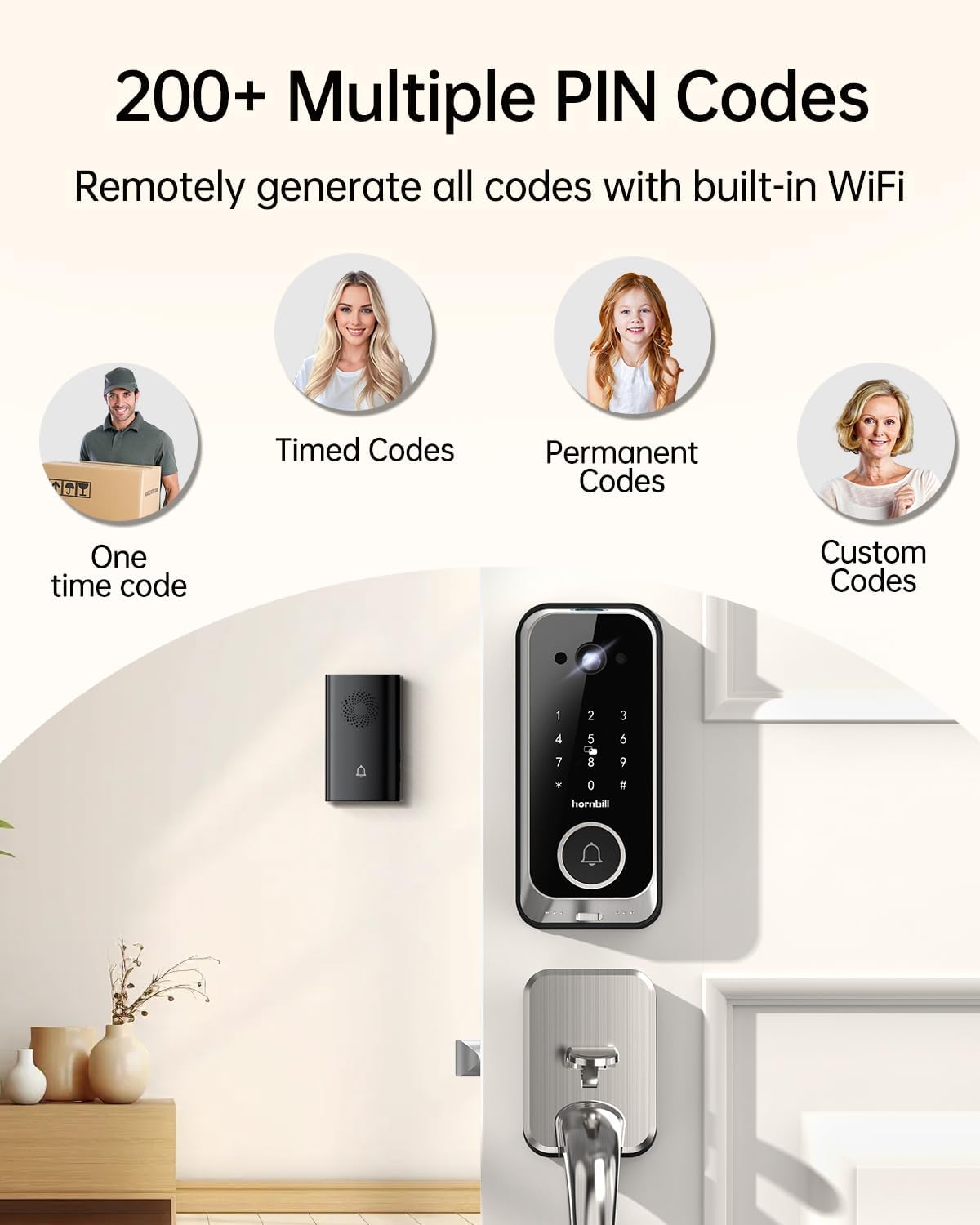 Smart Front Door Lock Sets: 2K HD Camera Lock with Doorbell Kits, Hornbill Fingerprint Keyless Entry Door Lock with Handles, WiFi Deadbolt(only 2.4G) for Remote Control, APP/Alexa/PIR,Satin Nickel