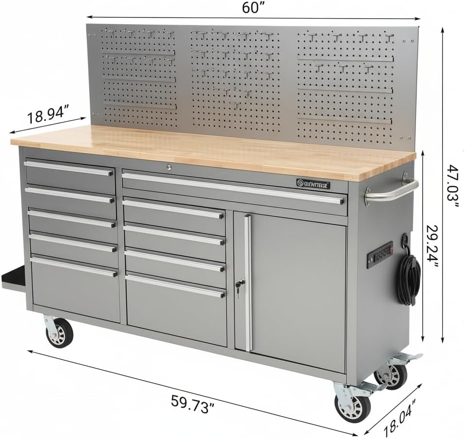 IDEALHOUSE 61-inch Rolling Tool Chest, 10 Drawers Garage Workbench Storage Tool Cabinet with Power Strip, Solid Rubber Wood Top, 1675 LBS Load Mobile Workstation, Heavy Duty Rolling Cabinet, Silver