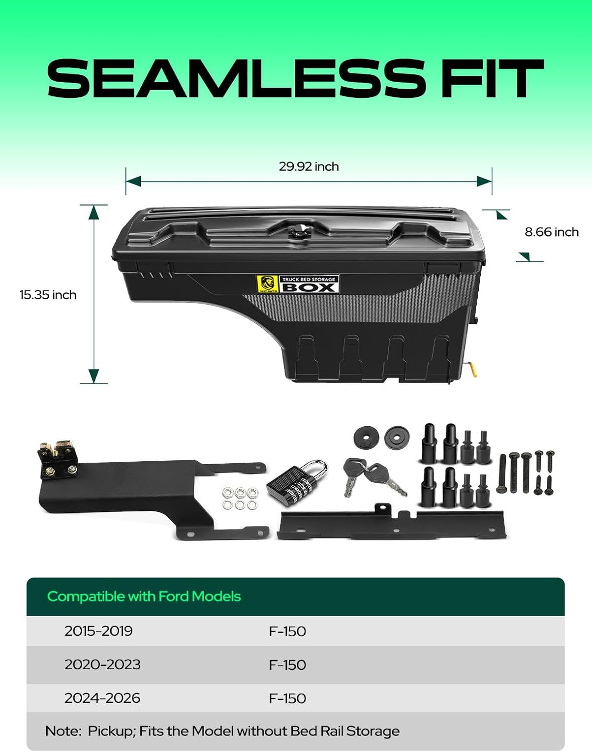 YHTAUTO Truck Bed Storage Tool box Lockable Compatible with 2015-2026 Ford F-150, Without Bed Rail Storage, Passenger Side, Swing Waterproof Wheel Well Toolbox