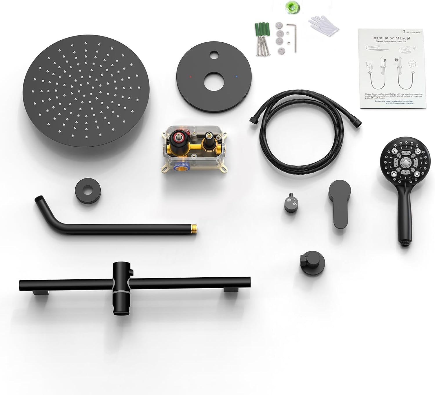 SR SUN RISE 12 Inch Slide Bar Shower System, Round Shower Faucets Sets Complete Rain Shower head and 6-Spray Handheld Combo, Wall Mounted Dual Shower Faucet Included Valve and Trim Kit, Matte Black