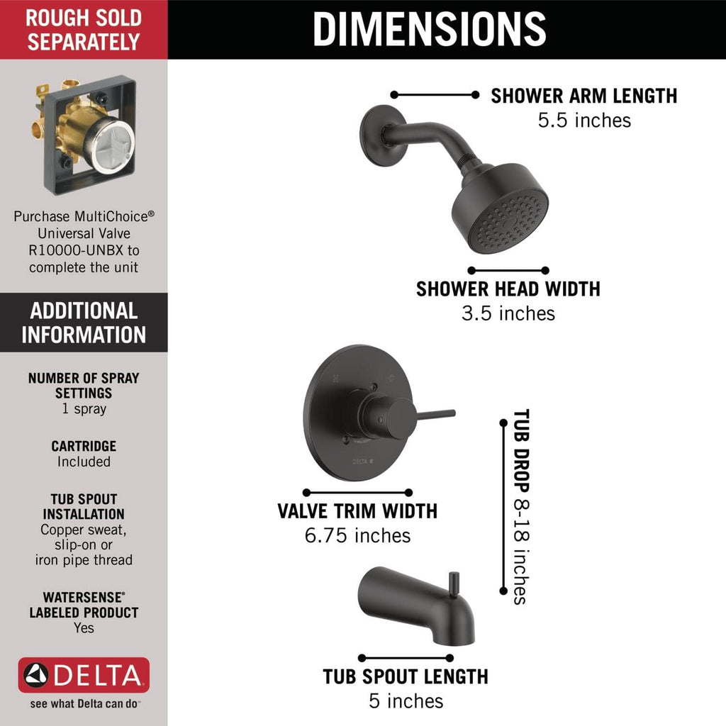 Delta Modern 14 Series Bathtub and Shower Faucet Set, Matte Black Shower Head and Handle Set, Valve Trim Kit, Matte Black T14459-BL-PP (Valve Not Included)