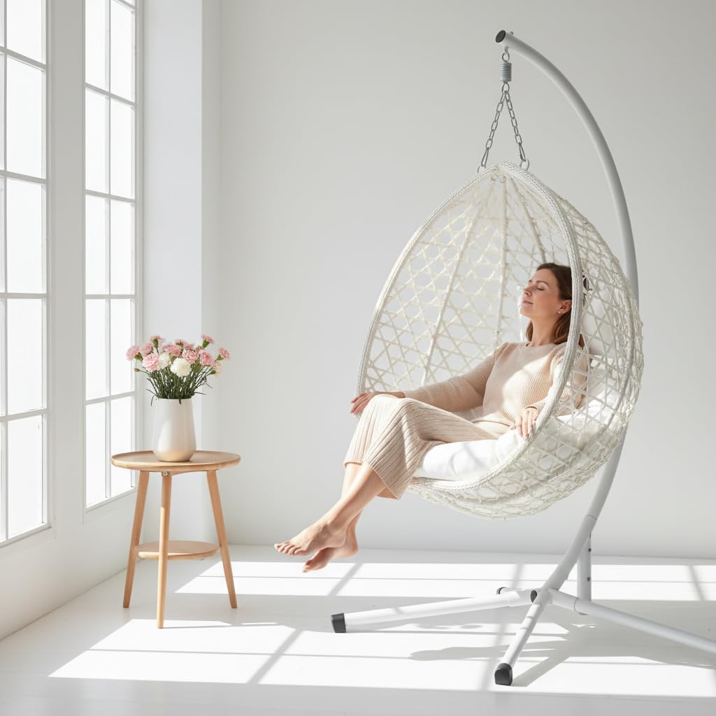 RUN.SE Hanging Egg Chair with Stand, Outdoor Indoor Egg Swing Chair with Cushion Headrest for Patio, Porch, Balcony, Bedroom, 350LBS Capacity (White)