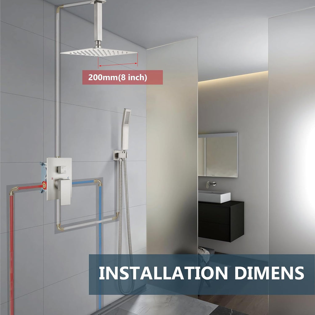 Aolemi Ceiling Mount Shower System Rain Shower Head with Handheld Spray High Pressure Shower Faucet Set Rough-in Valve Shower Trim Kit Included Bathroom Brushed Nickel 8 Inch Ceiling Shower Head