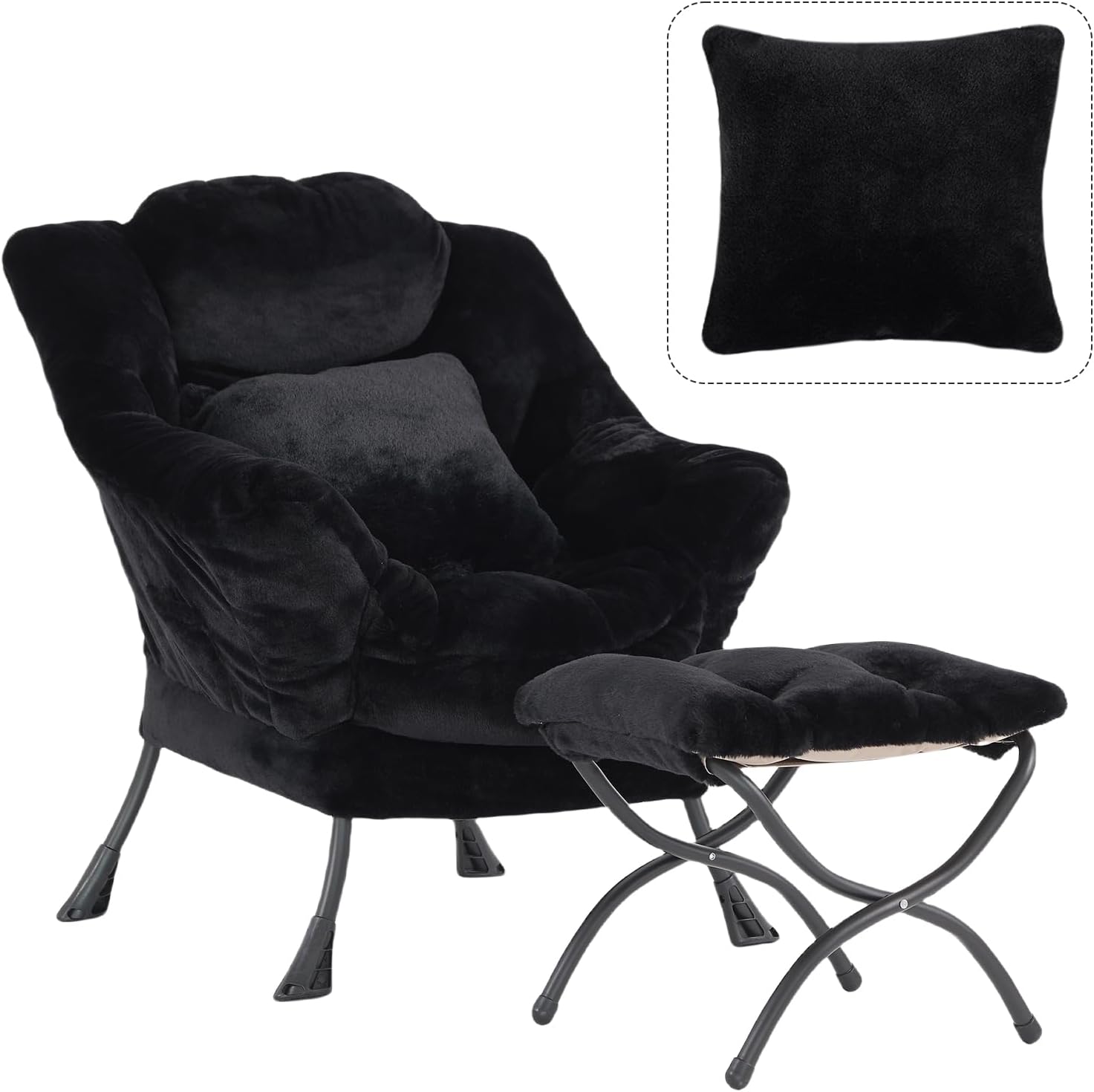 Lazy Chair with Ottoman, Large Black Accent Chair with Ottoman and FA Throw Pillow, Comfy Plush Reading Chair for Living Room Bedroom Dorm Room Office Apartment Relaxing Use