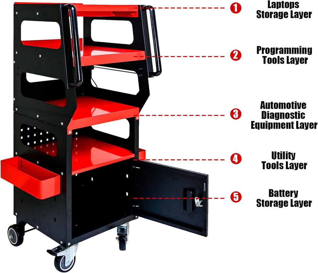 4-Level Multi-Purpose Trolley,Tool Cart on Wheels With Cabinet, Tool Chest Organizer, Diagnostic Trolley with 360°Locking Casters for Mechanics, Garage, Workshop. Service utility cart