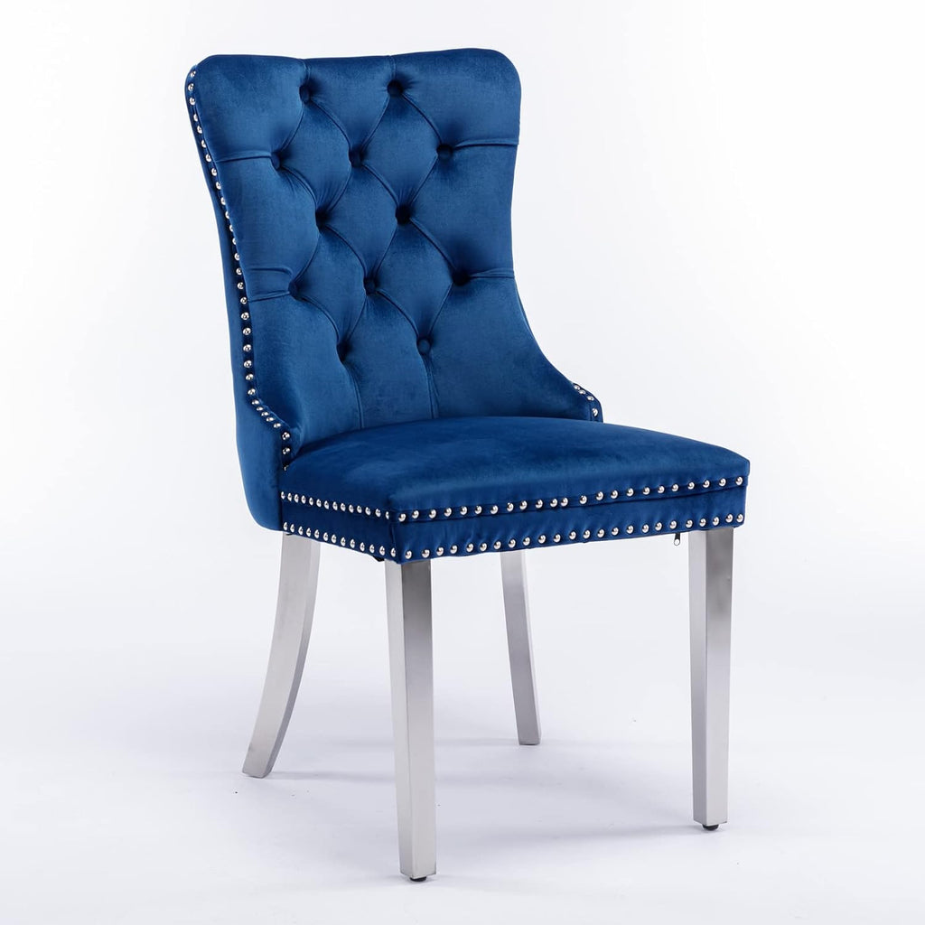 Ball & Cast Contemporary Upholstered Dining Chairs Set of 2, Velvet Button Tufted Kitchen Side-Chairs with Hang Ring & Nailhead Trims & Chrome Solid Wood Legs, 2-Piece Traditional Chair, Chrome+Blue
