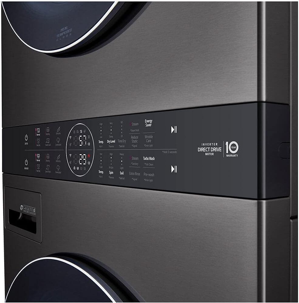 LG WashTower Stacked Smart Laundry Center 4.5 Cu.Ft. Front Load Washer & 7.4 Cu.Ft. Electric Dryer in Black Steel w/Steam WKEX200HBA