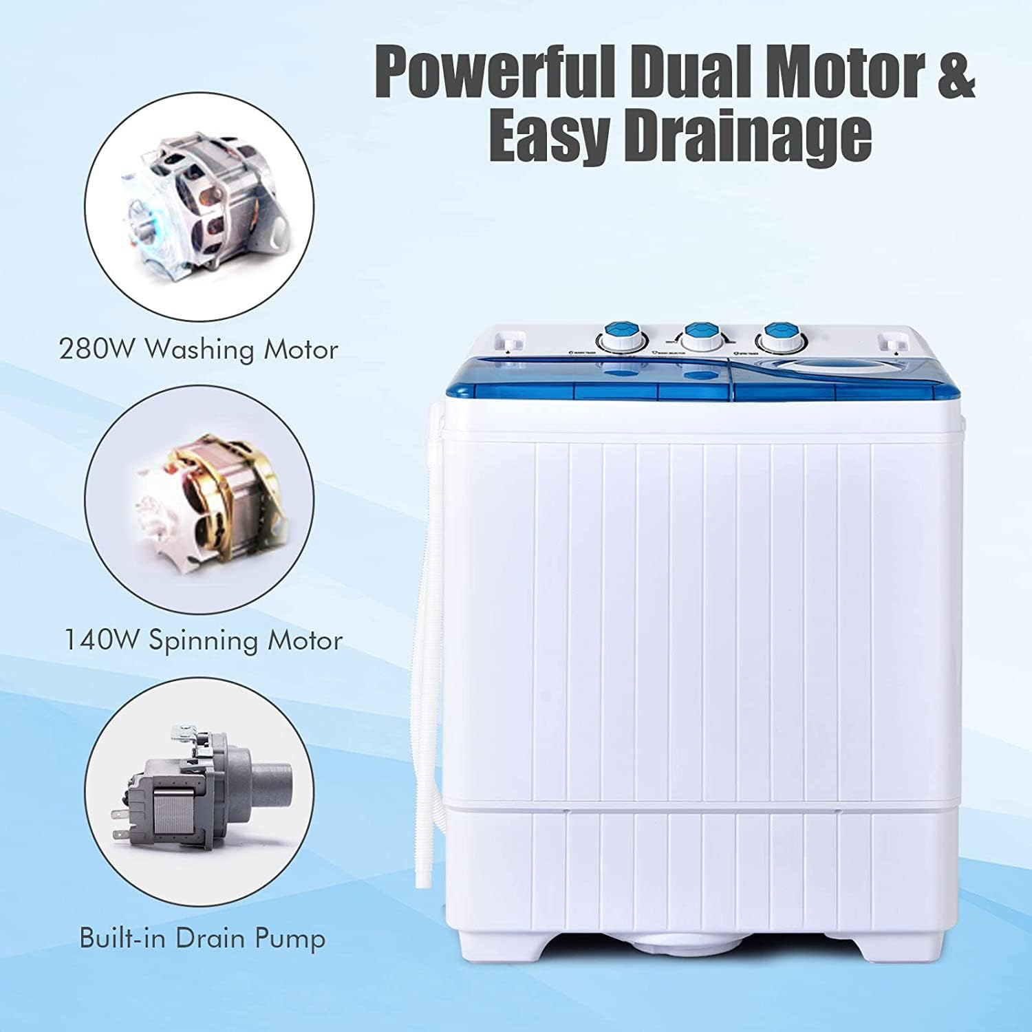 COSTWAY Portable Washing Machine, 2-in-1 Twin Tub 26lbs Capacity Laundry Washer(18lbs) and Spinner(8lbs) with Control Knobs, Timer Function, Drain Pump, Perfect for Home Apartment RV, Blue