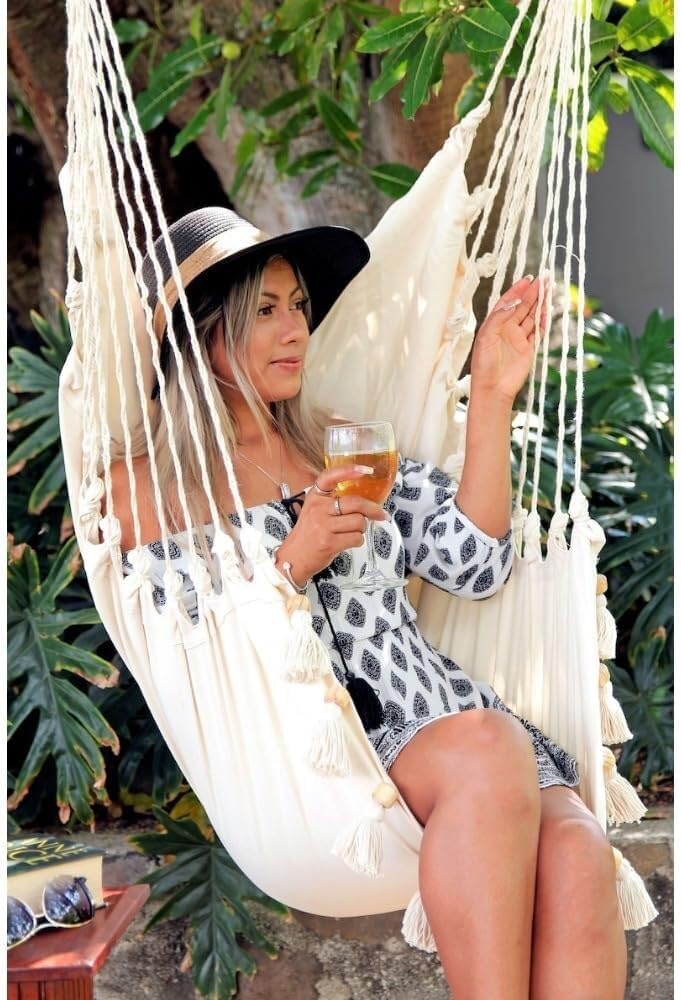 Cream White Hammock Chair, Macrame Hanging Chair for Bedroom, Porch or Balcony, Swinging Bed Seat, 53' L x 33' W, Cozy Relaxation Spot