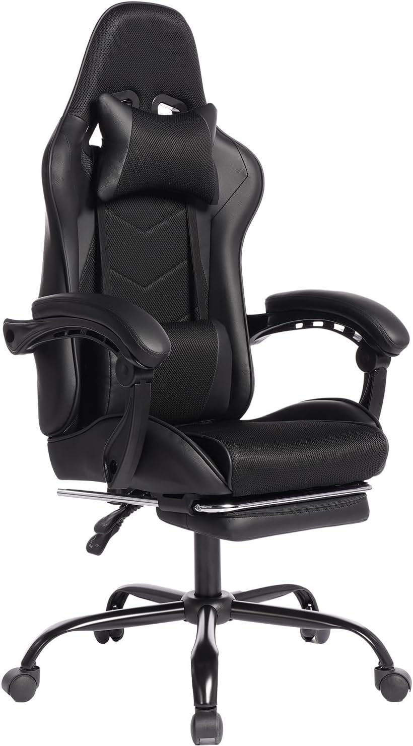 450lbs Big and Tall Gaming Chair with Footrest – Heavy Duty Wide Seat Video Game Chair for Adults, Reclining PU Leather High Back Computer Office Desk Chair with Lumbar Support (Model F, Black)