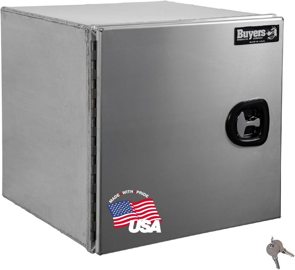 Buyers Products 1705431 Pro Series 24x24x24 Smooth Aluminum Underbody Truck Tool Box, Single Barn Door, Compression Latch, 0.125 in Thick, Rain Gutter & Bulb Seal, Bolt-On Stainless Hinge
