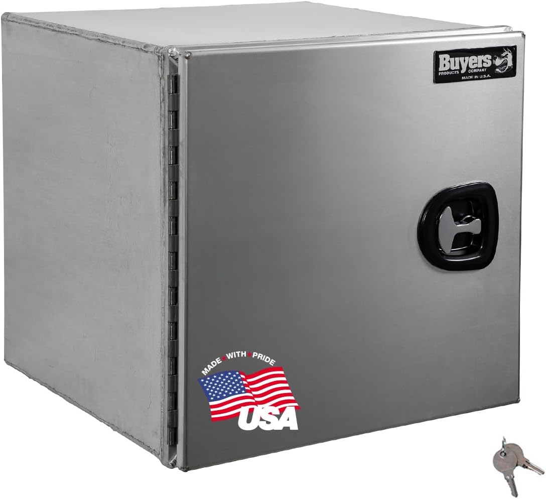 Buyers Products 1705431 Pro Series 24x24x24 Smooth Aluminum Underbody Truck Tool Box, Single Barn Door, Compression Latch, 0.125 in Thick, Rain Gutter & Bulb Seal, Bolt-On Stainless Hinge