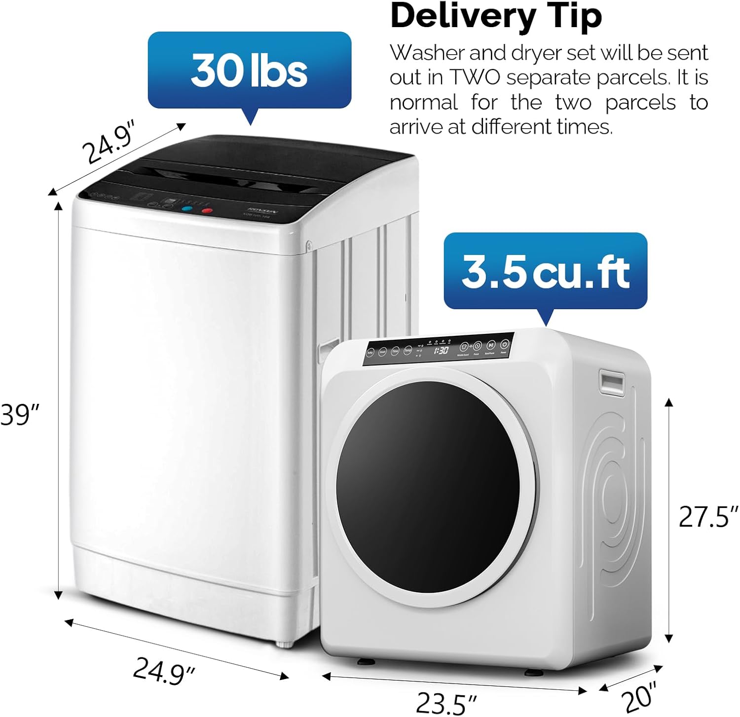 ROVSUN 3.5CuFt Clothes Dryer and 30LBS Full-Automatic Washing Machine Set, Compact Laundry Washer and Dryer Combo Set with Stainless Steel Inner Tub, for Apartment, Dorms, Home