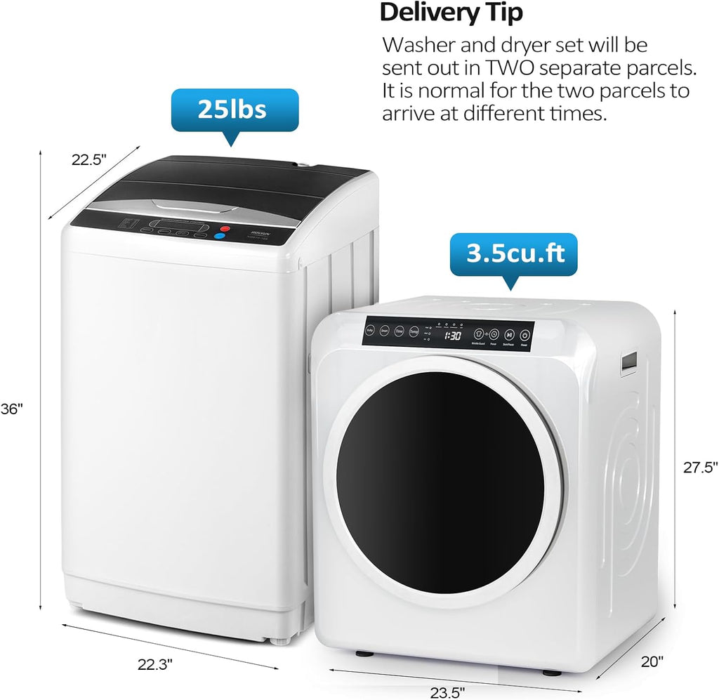 ROVSUN 25LBS Full-Automatic Washing Machine and 3.5CuFt Portable Clothes Dryer Set, Compact Laundry Washer and Dryer Combo Set with Stainless Steel Inner Tub, for Apartment, Dorms, Home