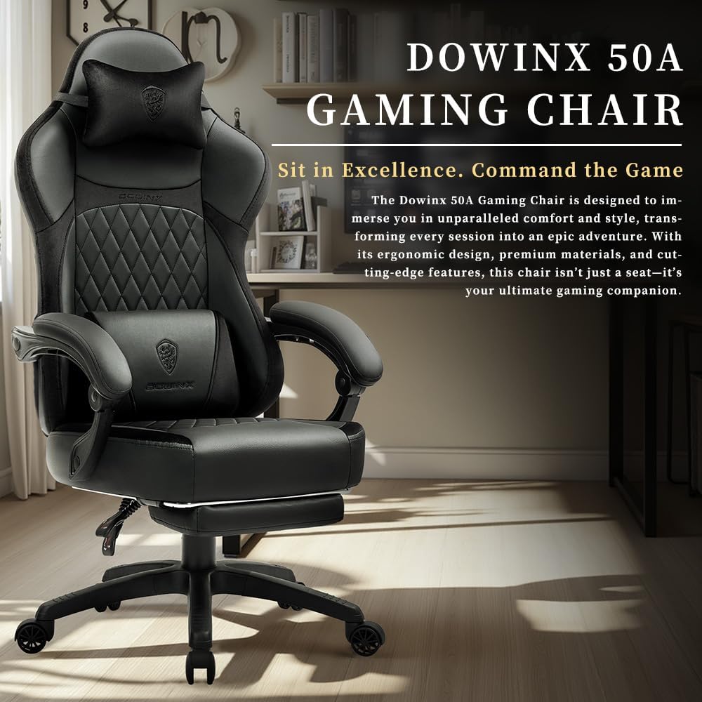 Dowinx 665TE0A Gaming Chair with Pocket Spring Cushion, Ergonomic Computer Chair with Massage Lumbar and Footrest for Adults, High Back Game Chair Leather for Office Gaming 300LBS