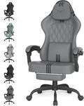 Ferghana PU Leather Gaming Chair with Wider Seat Cushion, Diamond Double-Stitching Ergonomic High Back Game Chair with Footrest, Computer Chair with Massage Lumbar Support for Adult, Gray/Black