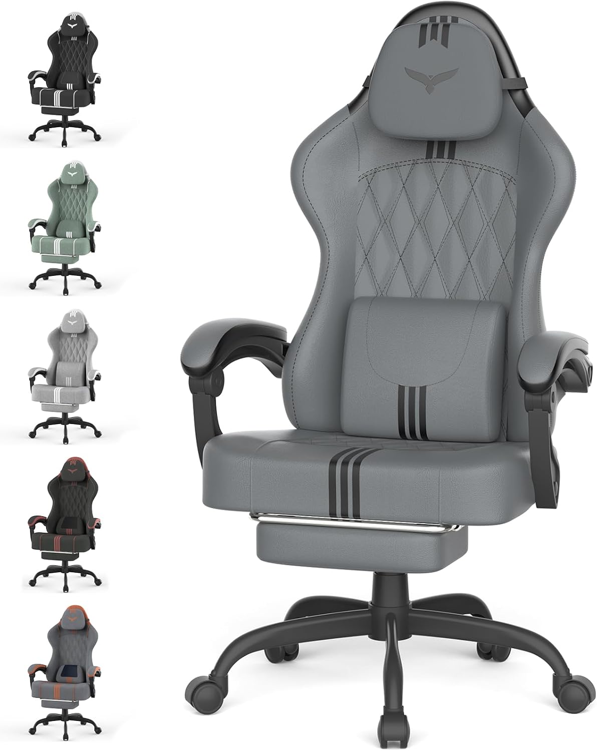 Ferghana PU Leather Gaming Chair with Wider Seat Cushion, Diamond Double-Stitching Ergonomic High Back Game Chair with Footrest, Computer Chair with Massage Lumbar Support for Adult, Gray/Black