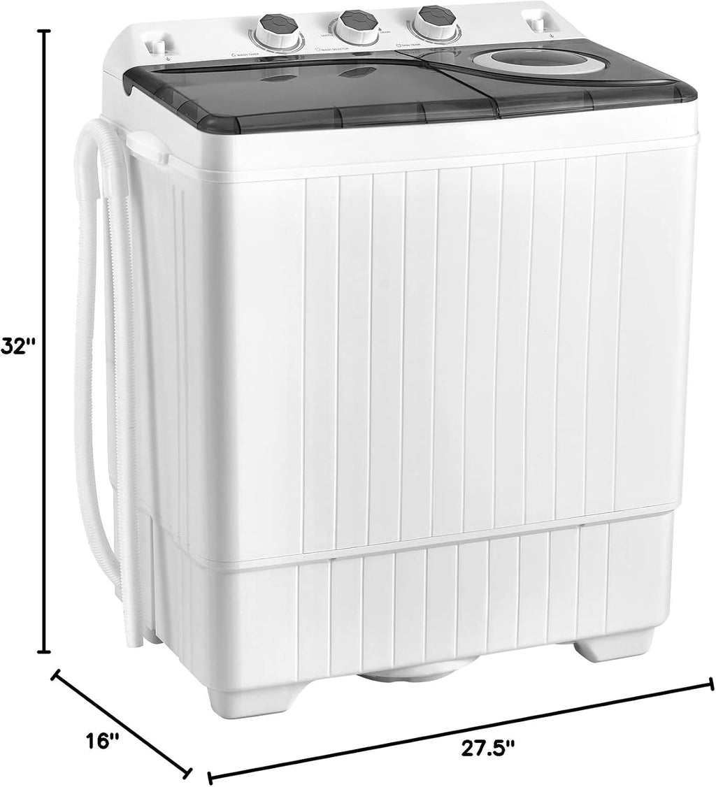 COSTWAY Portable Washing Machine, Twin Tub 26lbs Capacity Laundry, 18lbs Washer and 8lbs Spinner Combo with Timer Knobs, Built-in Drain Pump, Compact Washer for Home Dorm Apartment (Grey+White)