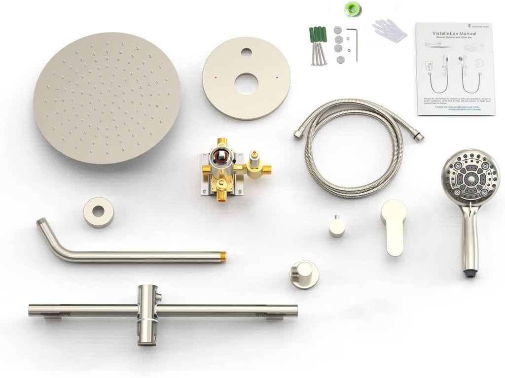 SR SUN RISE 10 Inch Rain Shower System, High Pressure Shower Heads and Handheld 6-Spray Combo Set Slide Bar Shower Faucets Sets Complete Included Valve and Trim Kit for Bathroom, Brushed Nickel