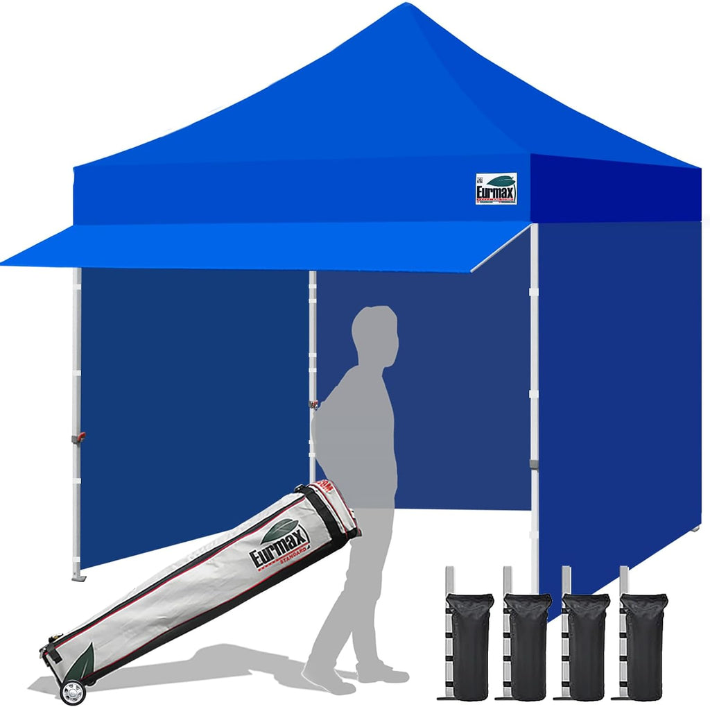 Eurmax USA 10x10 Pop Up Canopy,Commercial Tent with Patented No-Tip Rolling Bag,24sqft Extension Awning & 4 Zippered Removable Walls,UV & Water Resistant,Heavy Duty Instant Shelter Gazebo,Blue