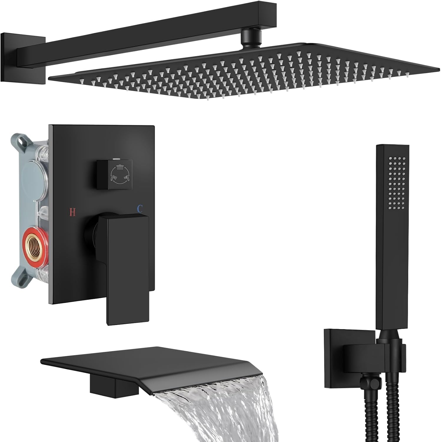 Midanya Shower System with Tub Spout,Bathtub Shower Faucet Set with Square Rainfall Head and Handheld Sprayer Wall Mount Tub Faucet Set with Valve and Trim Kit,16 Inch Matte Black
