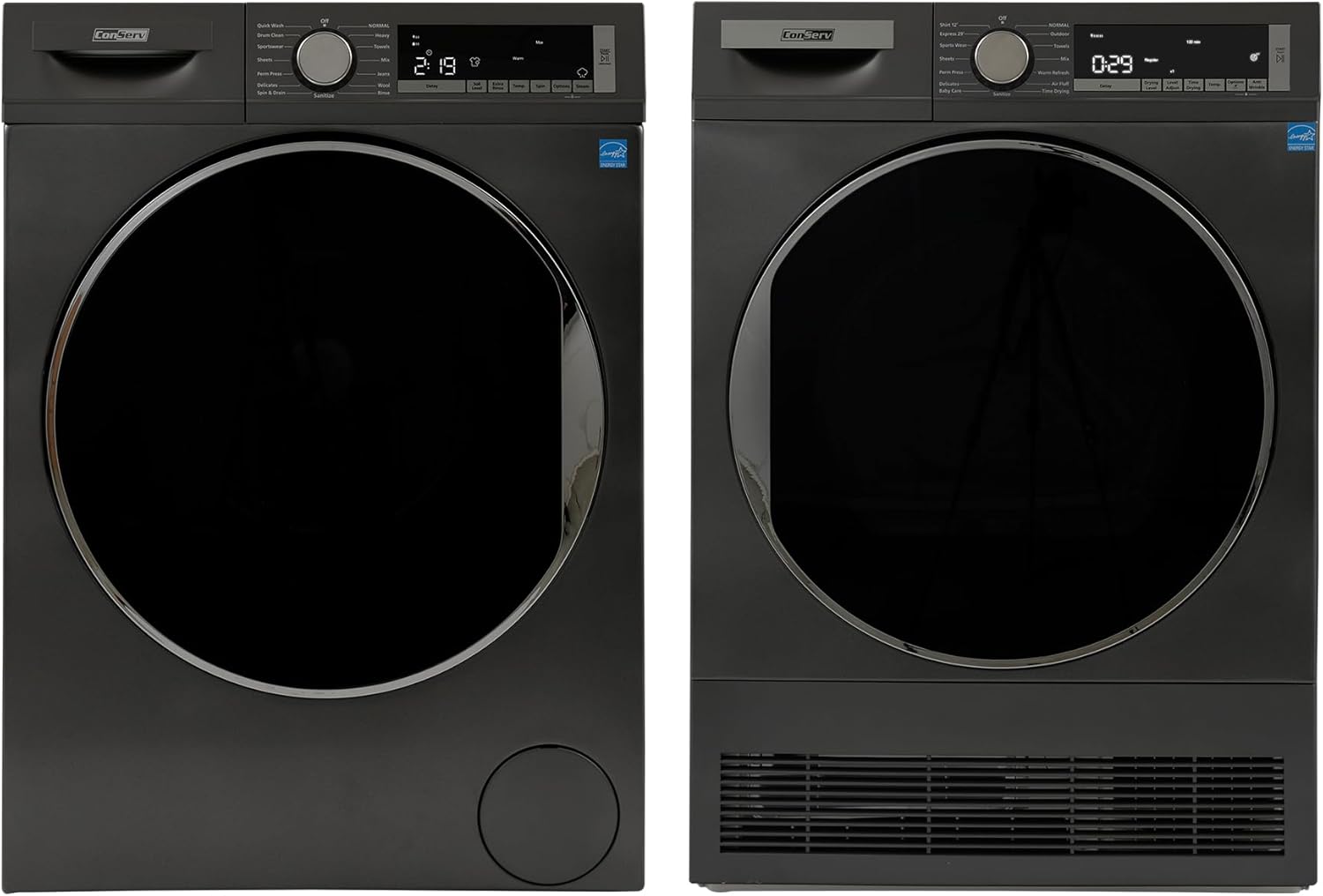 Conserv Front Load Washer & Condensing Dryer, 2.2 cu ft Washer (110V) + 4 cu ft Dryer (220/240V), ENERGY STAR, 15 Cycles, Stainless Steel Drum, LED Display, Compact Laundry Pair (Titanium)