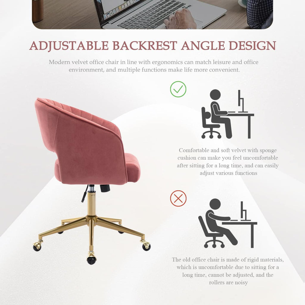 Eifizek Velvet Office Desk Chair, Modern Adjustable Home Desk Chair with Wheels, Swivel Vanity Chair for Bedroom, Office, Vanity Study (Bean Paste Red)