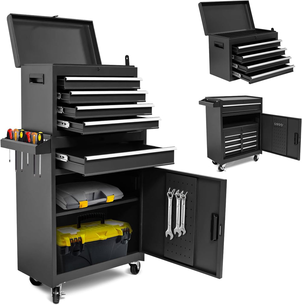 5-Drawer Rolling Tool Chest with Detachable Top Box - Heavy Duty Metal Tool Cabinet on Wheels for Garage, Workshop & Industrial Use, Black (Enhanced Packaging)