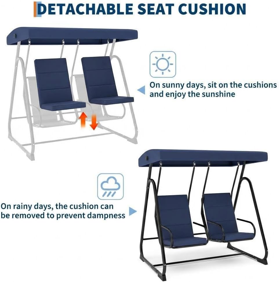 GarveeLife 2 Person Porch Swing Chair, Heavy Duty Outdoor Patio Swing Glider with Adjustable Canopy & Removable Cushions, Independent Swing Chairs for Garden, Balcony, Poolside, Backyard, Dark Blue