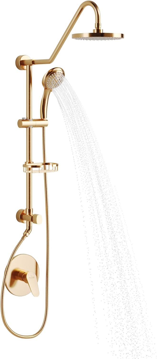 PULSE ShowerSpas Kauai III Brushed Gold Rain Shower Head with Handheld Spray - 1.8 GPM, 8' Showerhead, 5-Function HandShower, Adjustable Slide Bar - Shower Heads with Handheld Spray Combo