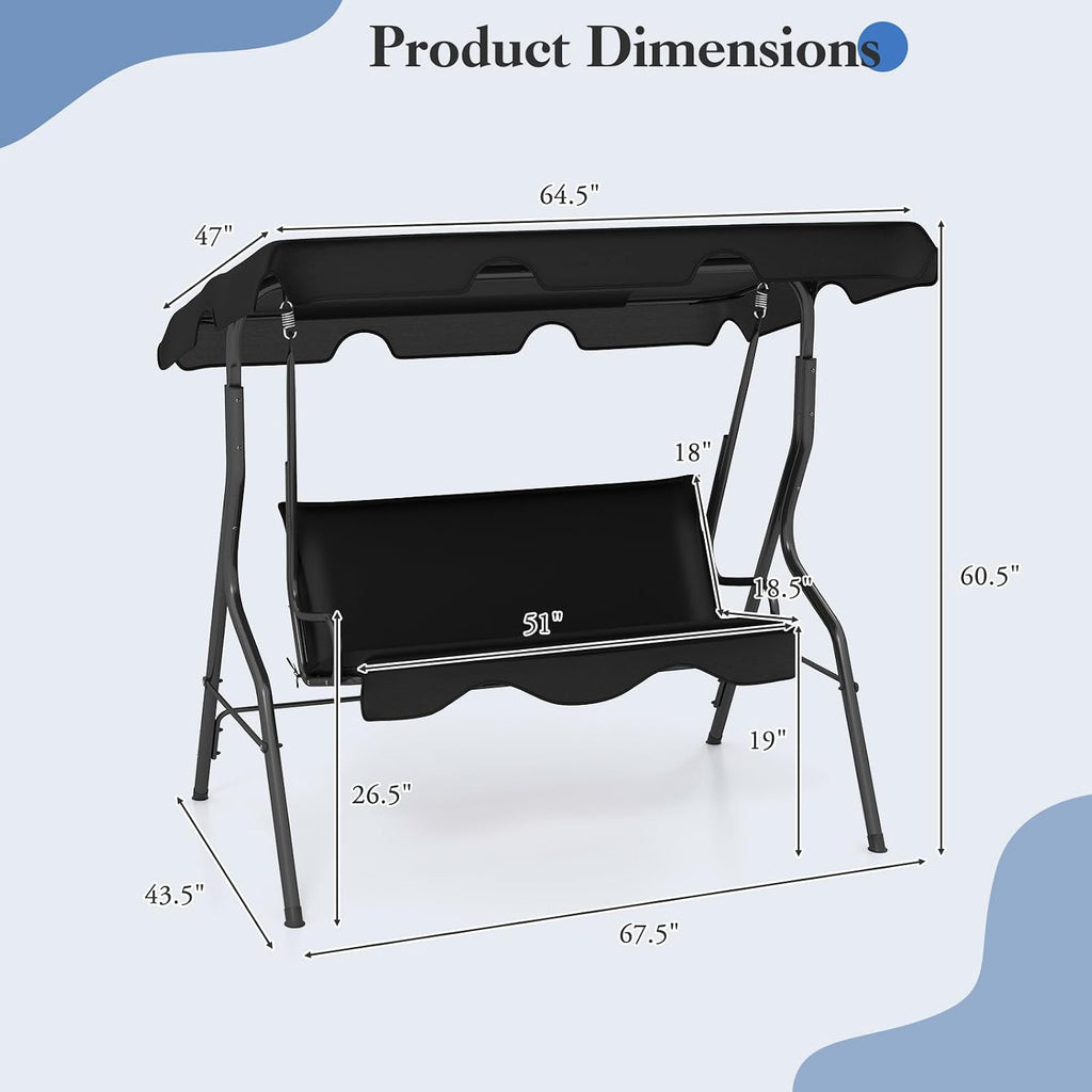 DREAMADE Porch Swing Outdoor, 3 Person Patio Swing w/Removable Cushion, Stand & Adjustable Canopy, Heavy Duty Swing Chair for Patio, Garden, Courtyard, Poolside